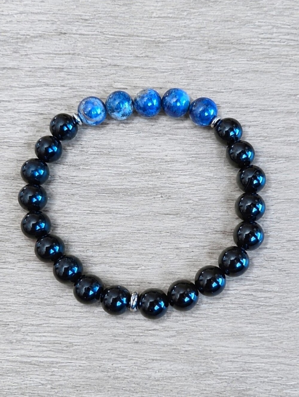 Blue Sapphire & Black Onyx Beaded Stretch Bracelet |Handmade